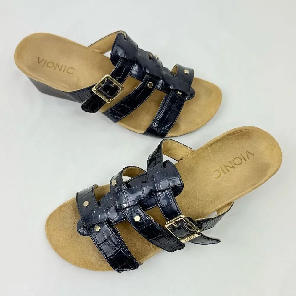 Vionic RADIA Blue Patent Reptile Embossed Triple T Strap Slide Wedge Sandals